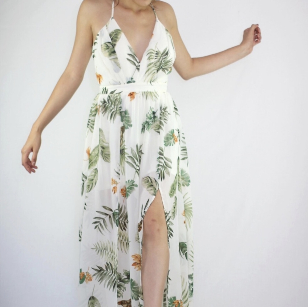 White maxi dress with two slits ( palm design)